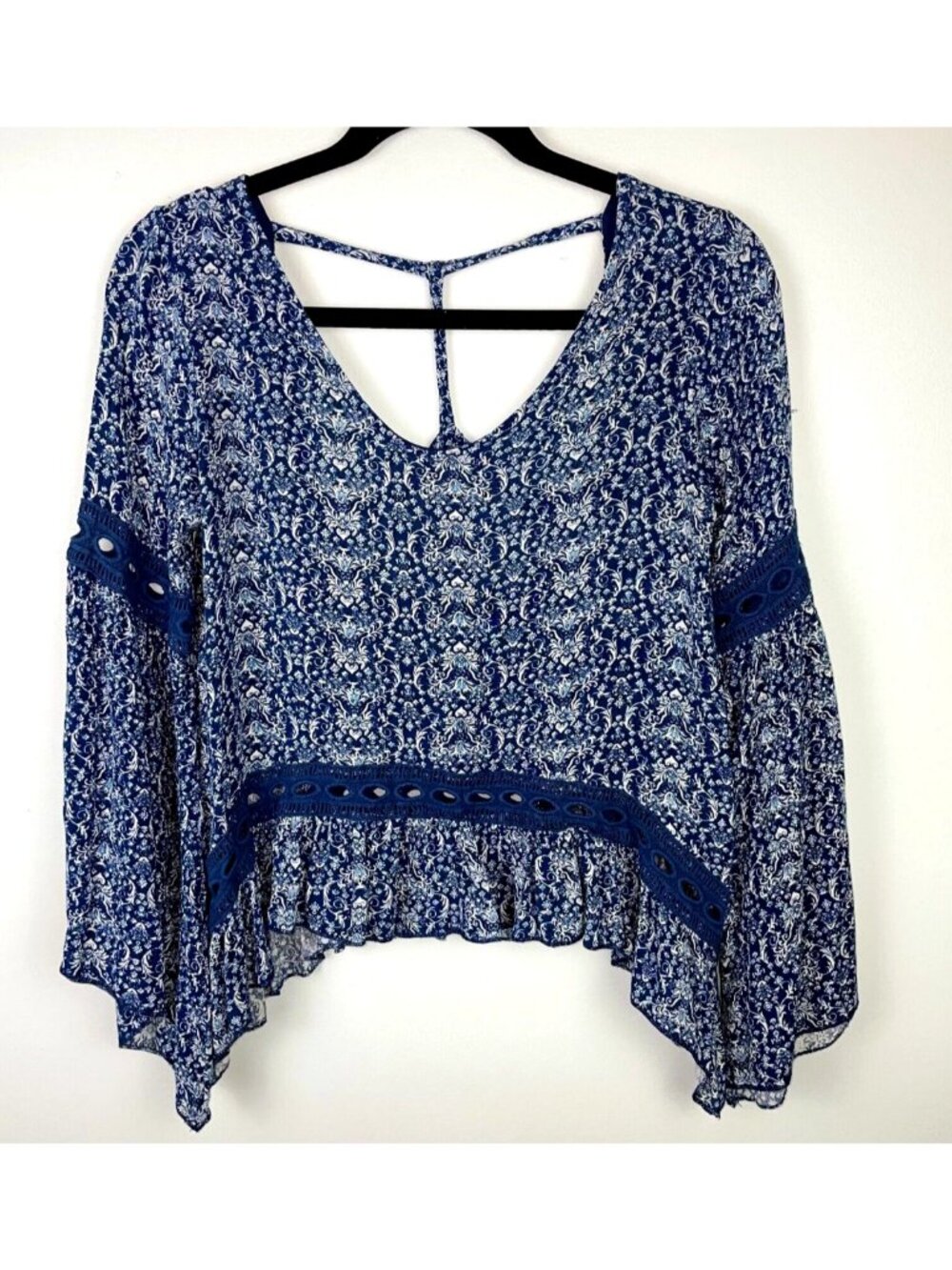 Vintage Havana Blue Floral Long Bell Sleeve Strappy Top Blouse Crochet Trim Sz S